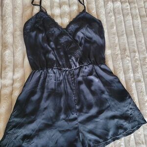 Elegant Black Lace Trim Satin Romper